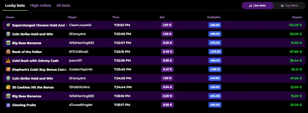 Tableau des gagnants en direct de Spinmama et affichage des paris récents chanceux